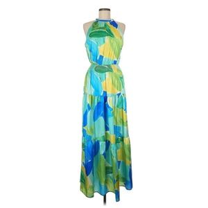 Nicole Miller Dress Womens Medium Maxi Halter Green Tropical Botanical Cocktail
